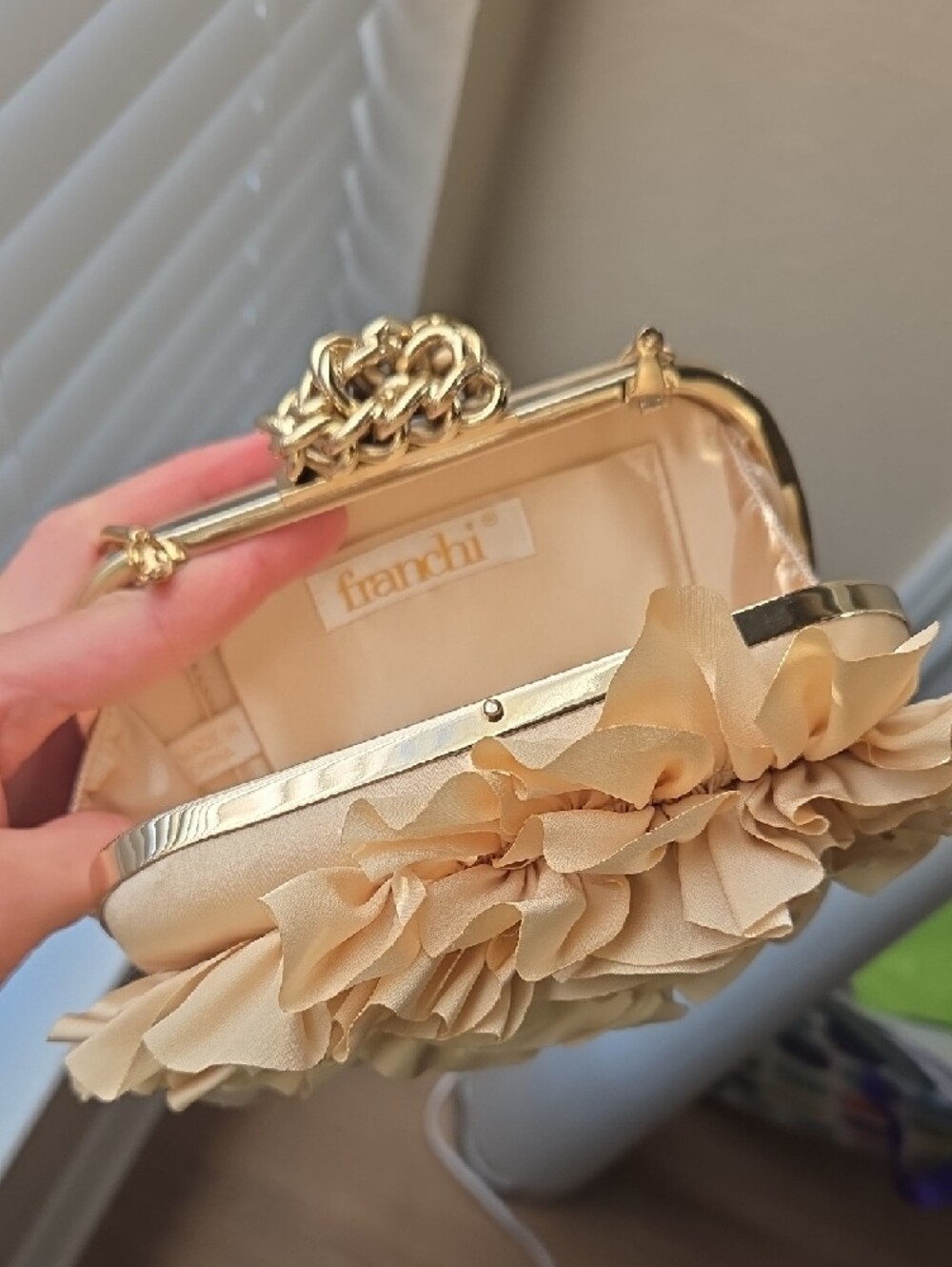 100% Silk Neiman Marcus by Franchi Gold Flower Evening Clutch w/Removable Chain